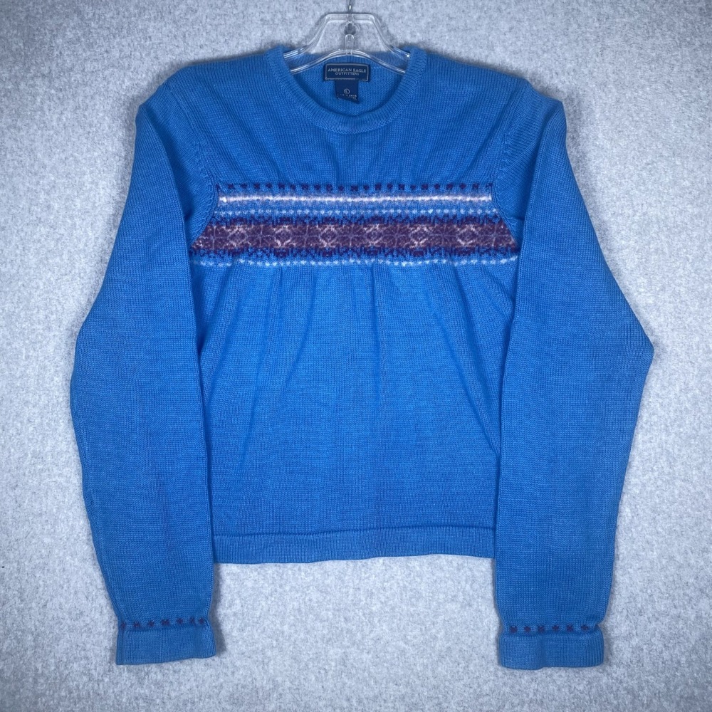 American Eagle Sweater Youth Large Blue Fair Isle Cotton Lambswool Knit Crewneck